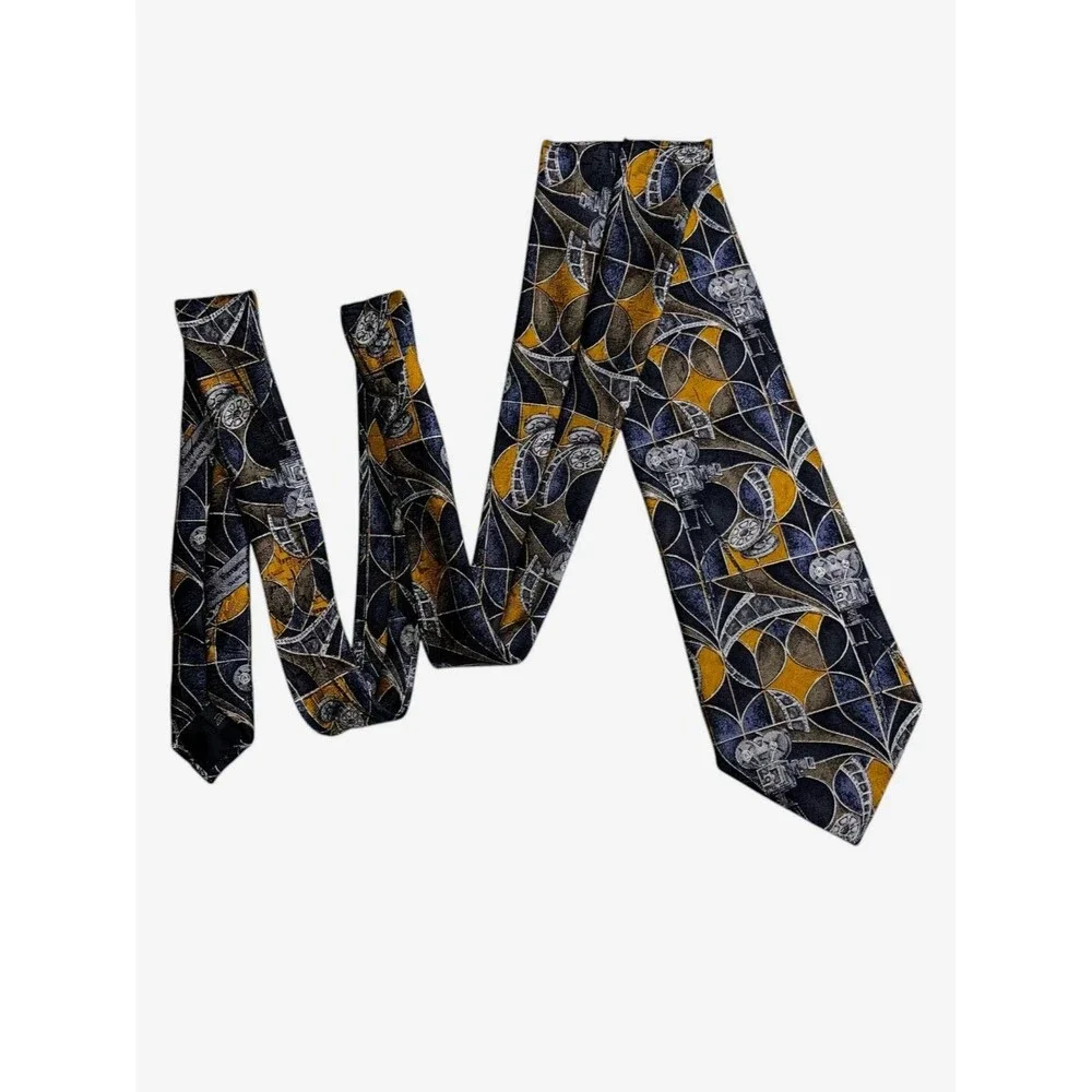 Ermenegildo Zegna Silk Tie Geometric Antique Movie Camera Film 3 3/4” x 59”